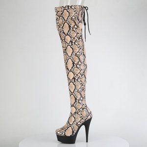 Platform Snake Print Heel Pull On Thigh High Boots